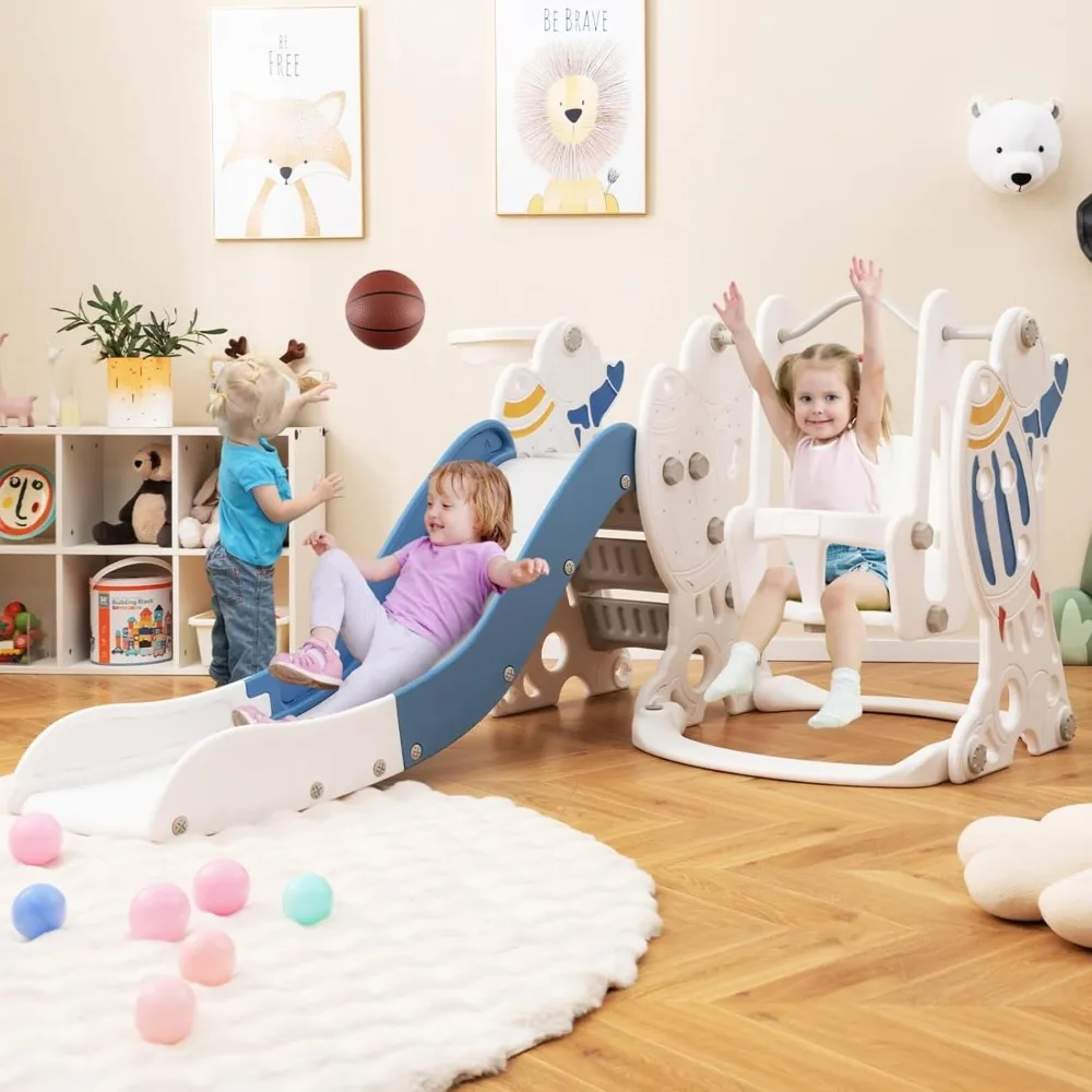 幼児用4-in-1スイング＆スライドセット（ロケットテーマ）、クライマー、バスケットボールフープ、ボール付き