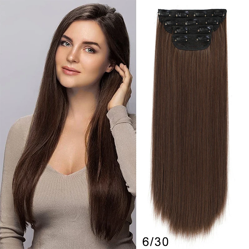 

Long Straight Clip In Hairpiece Hair Extensions 4Pcs/Set Synthetic 24'' Natural Black Dark Brown MixedColor Heat Resistant Fiber