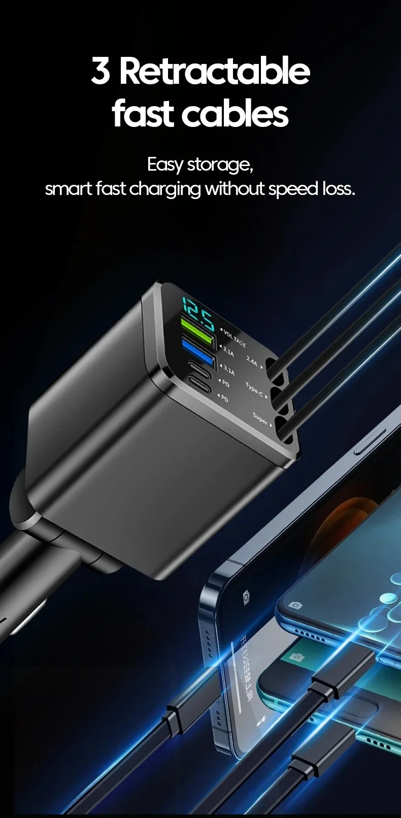 Typ-C Handy-Autoladegerät 7-in-1 mit Erweiterungskabel, Dual-Port USBPD Schnellladegerät für Zigarettenanzünder im Auto – Detail 5