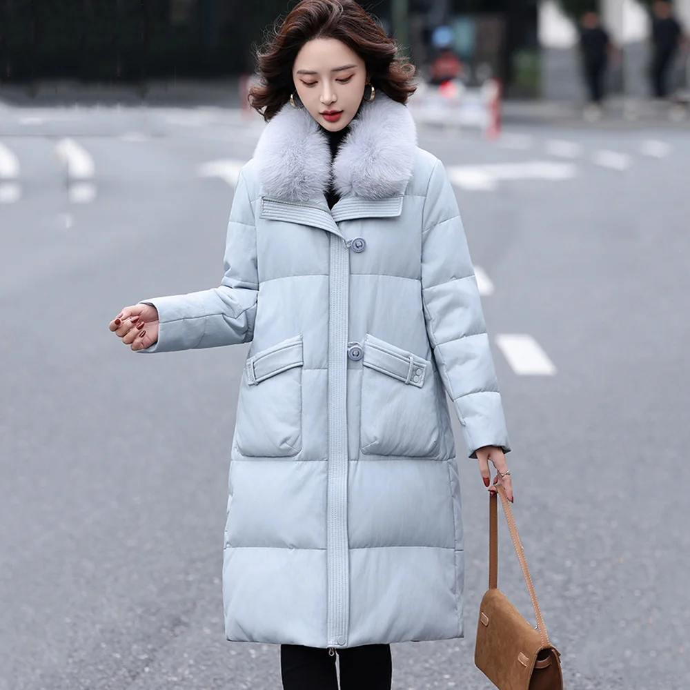 

New Women Split Leather Down Coat Autumn Fashion Fox Fur Collar Wide-waisted Loose Long Leather Down Jacket Casual Warm Coat