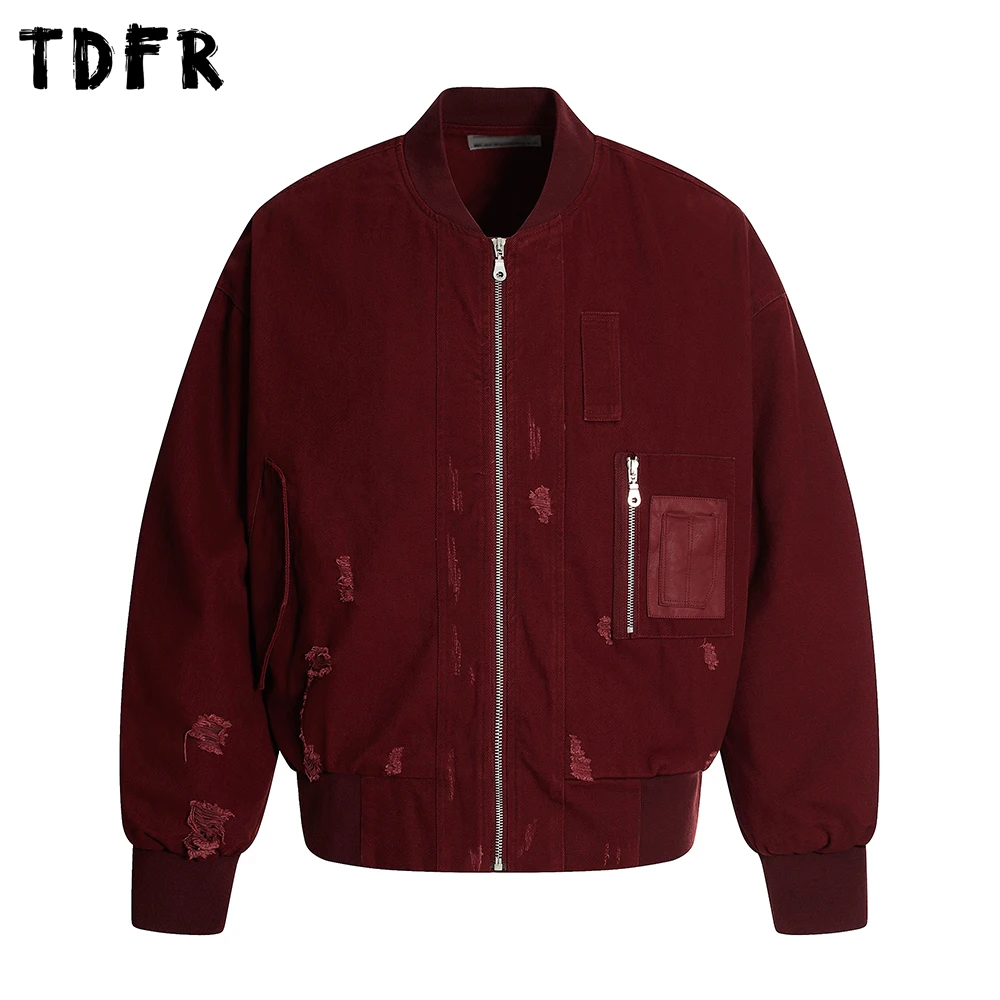 

Ripped Cargo Jacket Patch Pocket Autumn Retro Casual Loose Stand collar Long Sleeve Outerwear Man