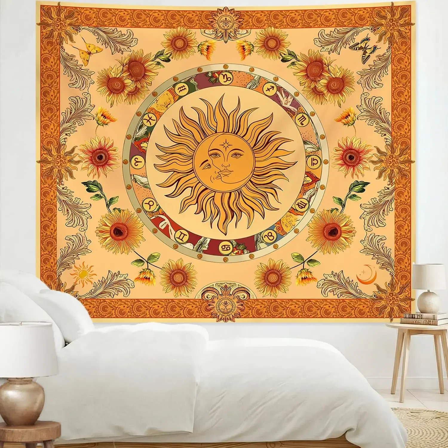 Boho Sun and Moon Yellow Tapestry for Bedroom, Vintage Indie Hippie Orange Wall Tapestries, Nature Sunflower Blanket Cute Wall
