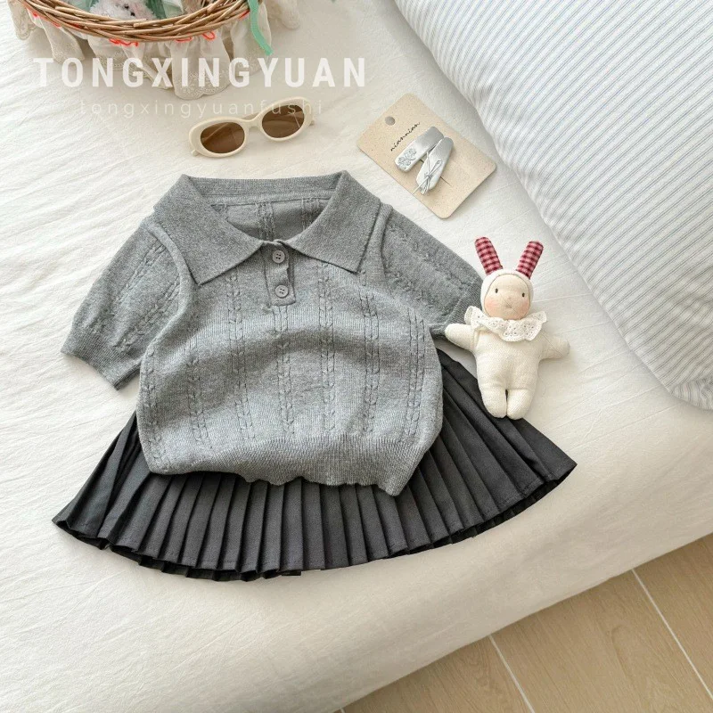 

Girls' Preppy Style Summer Outfit Set for Baby Girls Fashionable Knitted Short SleevePOLOPleated Short Skirt Set
