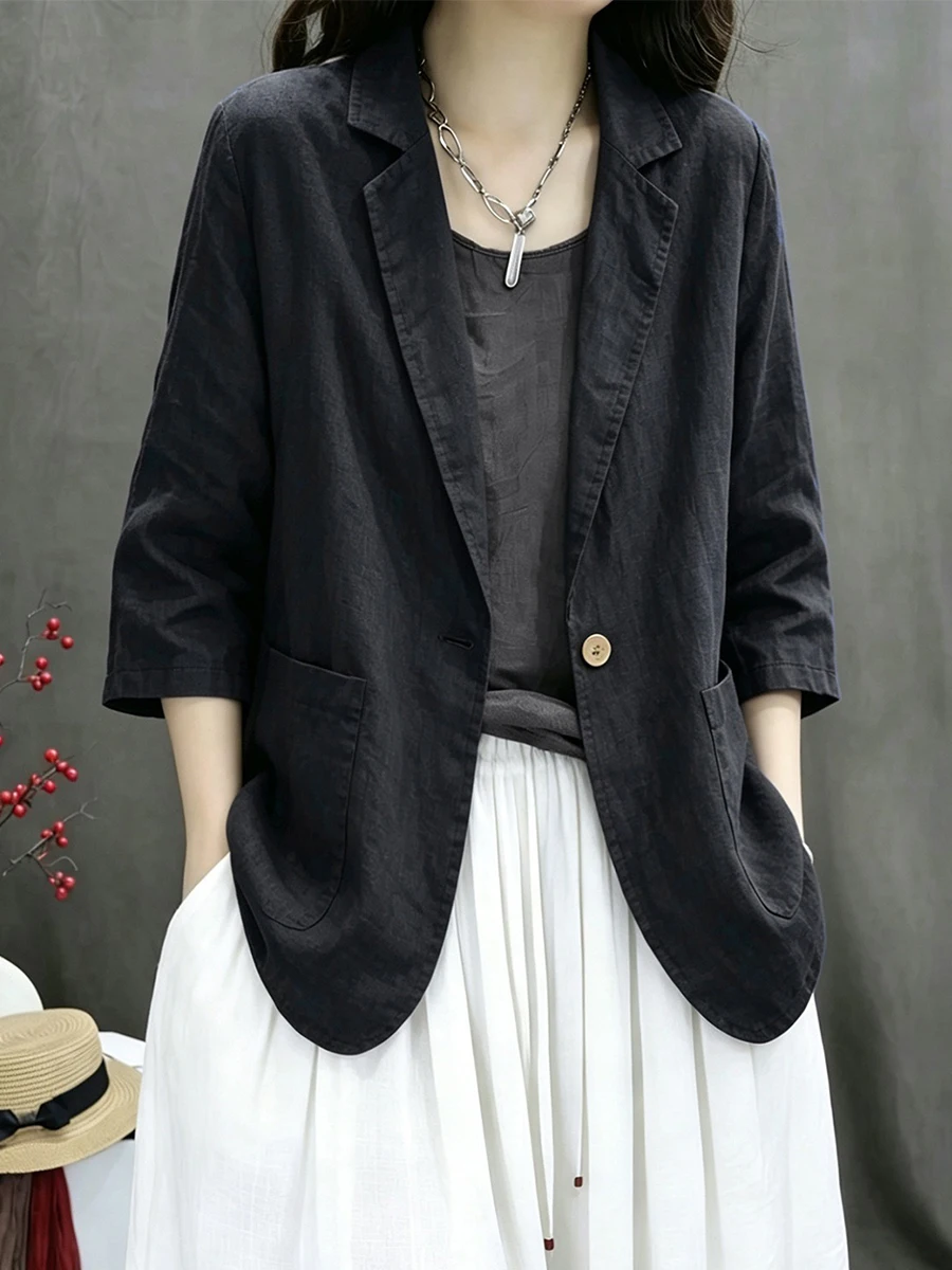 Casual Cotton Linen Short Jacket Pure Color Seven Sleeve Women's Top Fashionable Versatile Chinese Brand Summer 2026