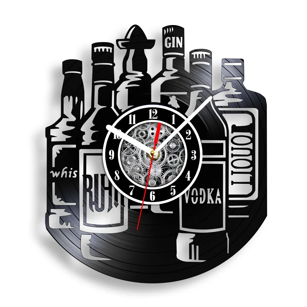 Alcohol Drinks Vinyl Record Wall Clock Farmhouse Home Bar Club Man Cave Decor Wine Bottles Wall Art Clock Barman Bartender Gift