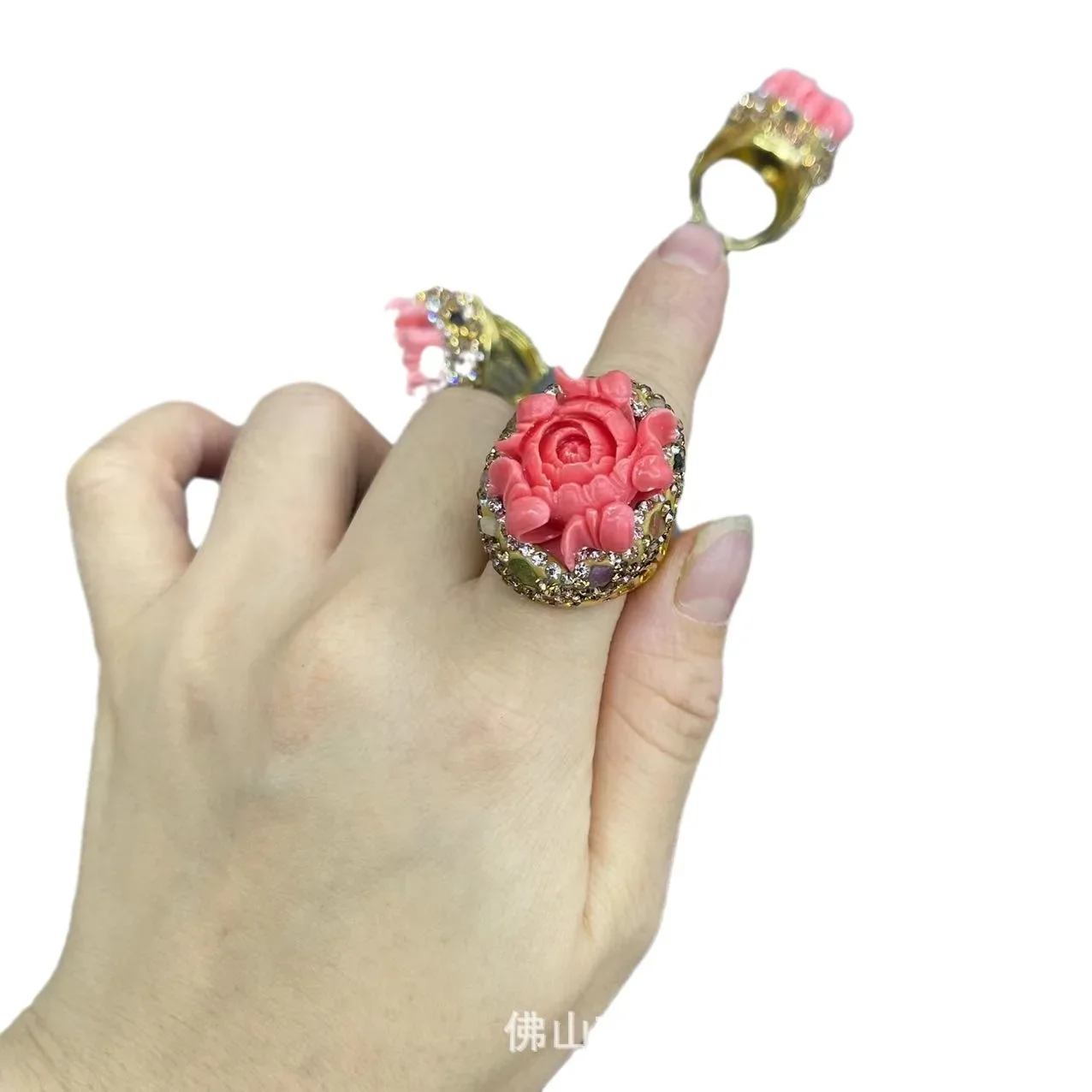 Shell powder pressed peony flower ring inlaid tourmaline jewelry New Chinese live broadcast popular accessories jewelry
