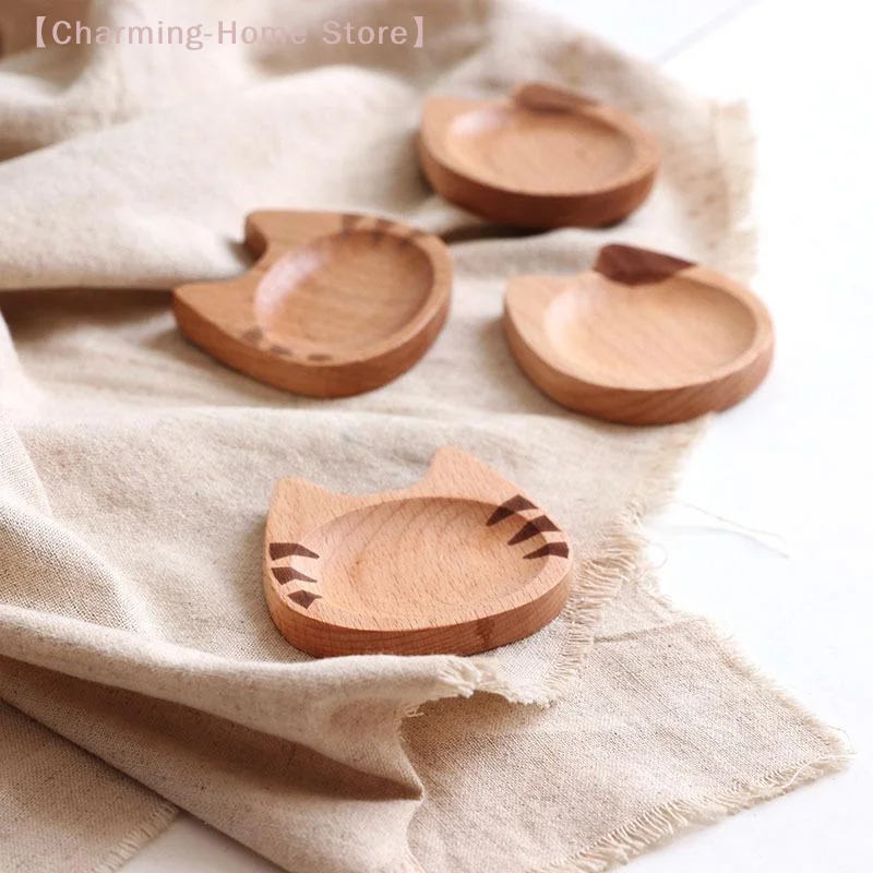 【M】Mini Cat Shape Dish Japanese Style Cartoon Sauce Dish Creative Wooden Flavoring Sushi Mustard Plate Soy Tray
