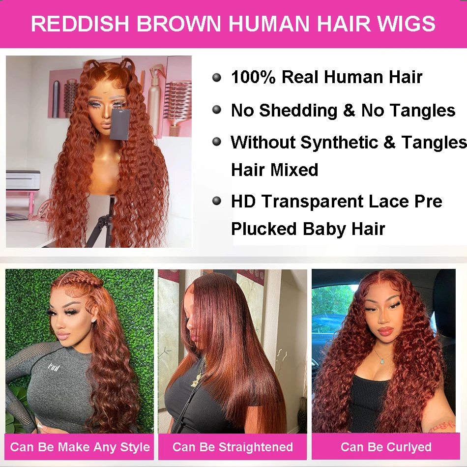 30 Inch 13x6 Frontal Lace Wigs Reddish Brown Deep Wave Lace Frontal Human Hair Wig Colored Wig Human Hair Brazilian curly 360