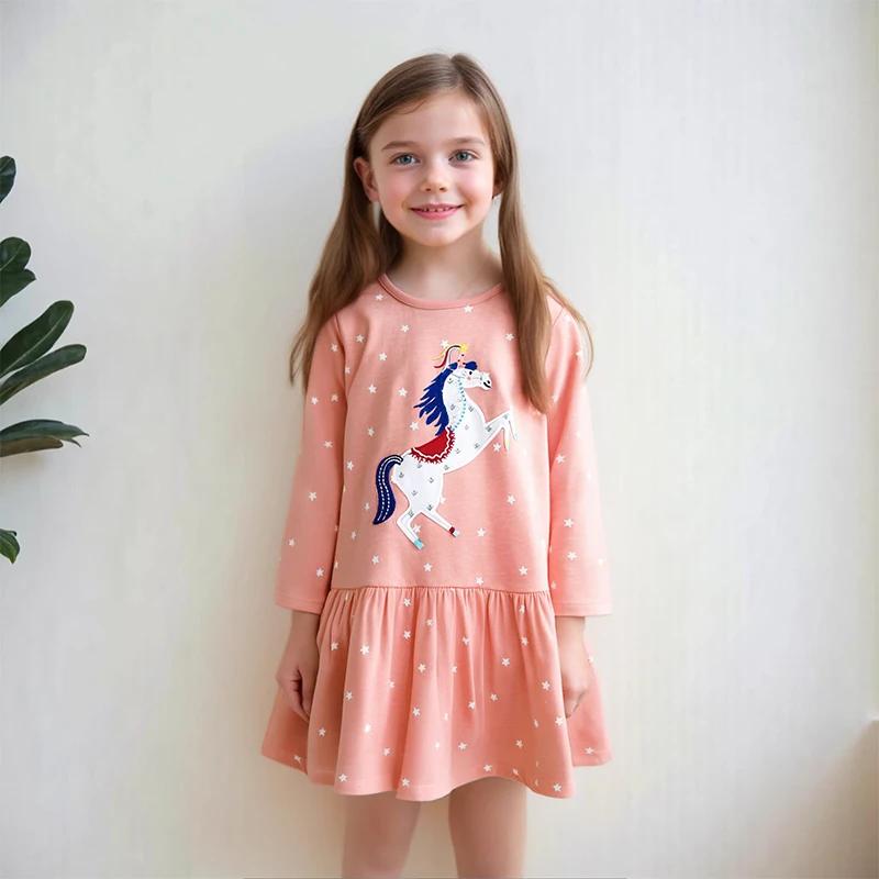 فستان الأميرة ليتل مافين للخريف والربيع للفتيات والأطفال فستان طويل الأكمام مطرز على شكل وحيد القرن فستان حفلات للفتيات الصغيرات من القطن