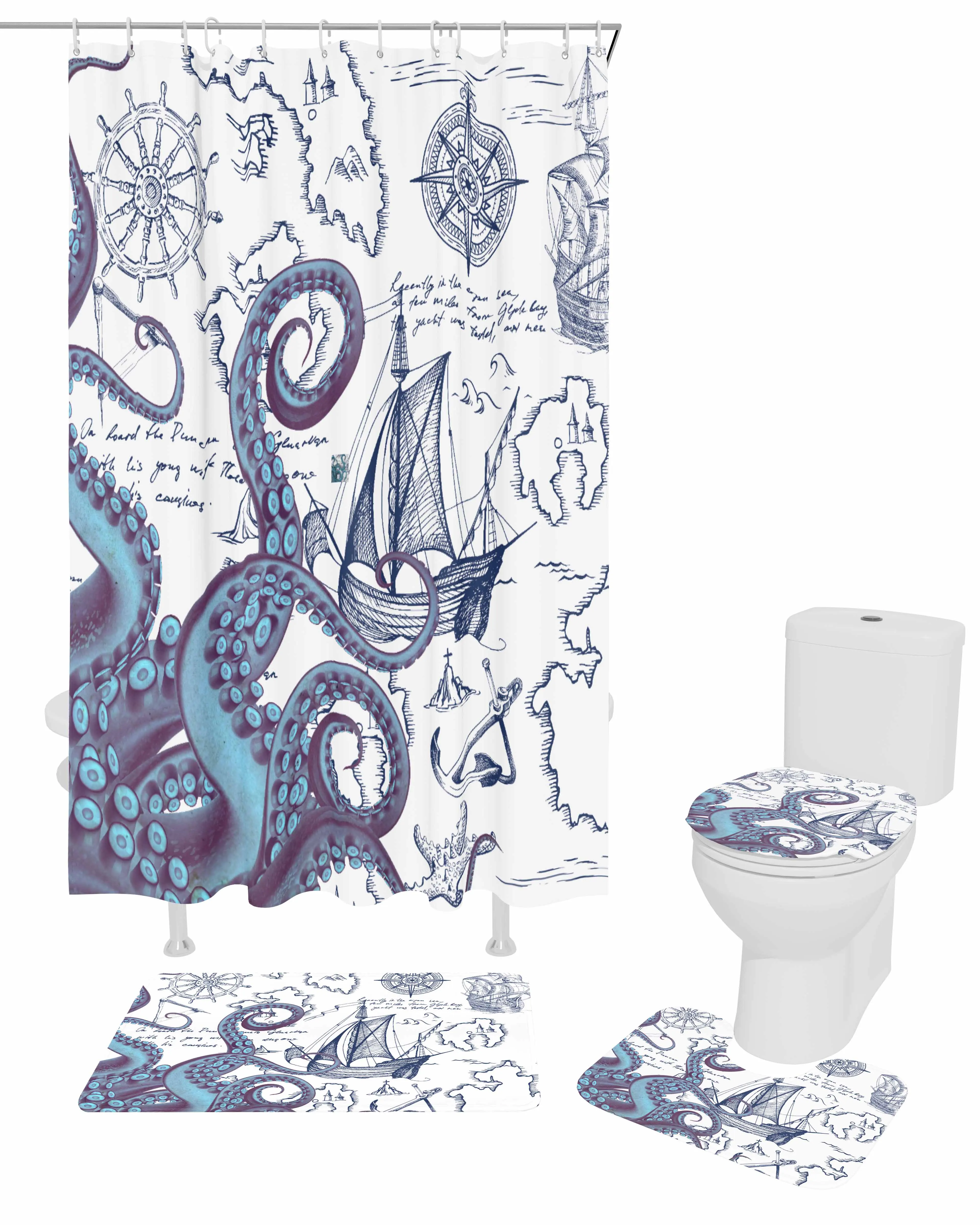 Nautical Octopus Shower Curtain Non-Slip Rugs Toilet Lid Cover and Bath Mat Bathroom Curtains with Hooks