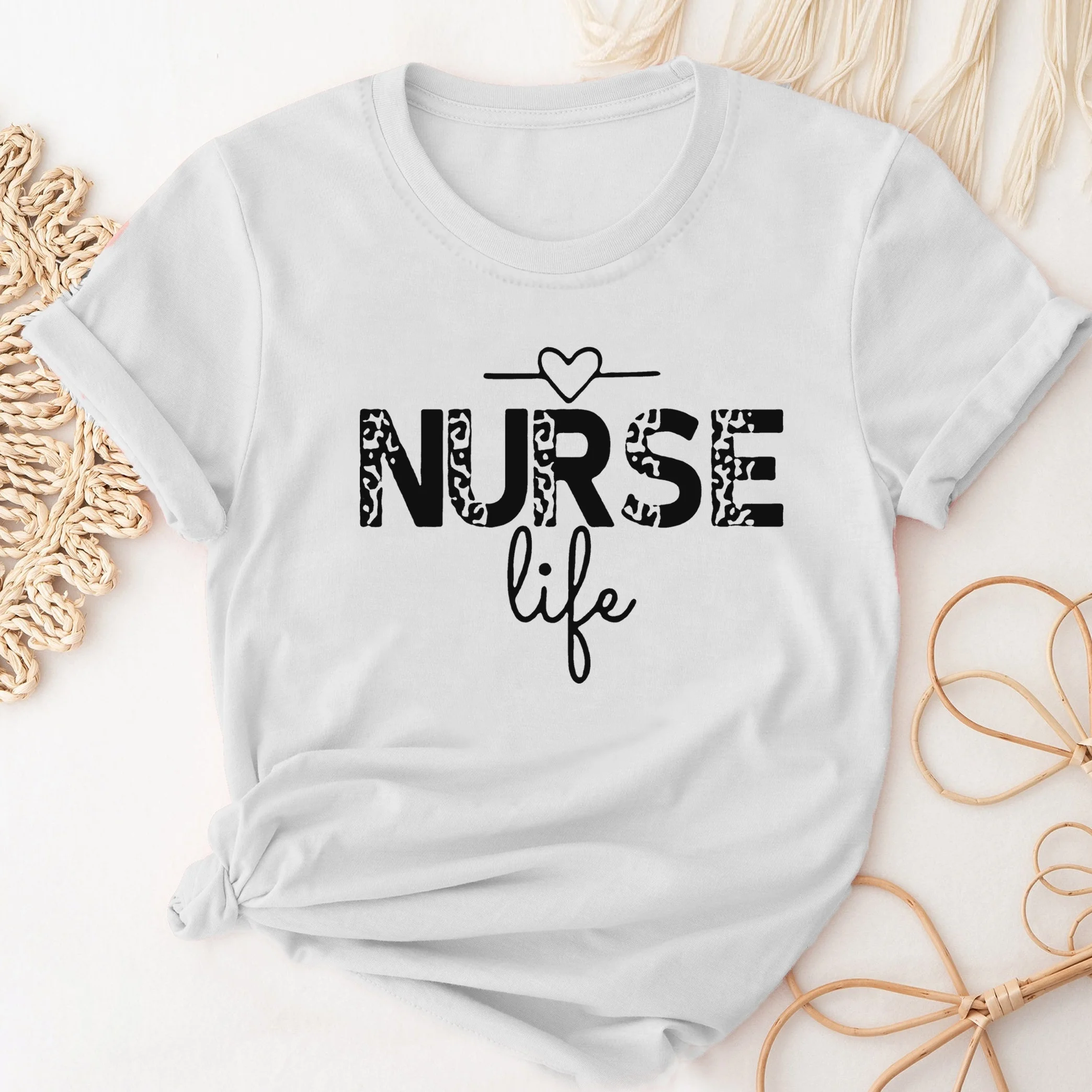 

Nurse Life Print T-Shirt - Short Sleeve Crew Neck Casual Top for Women - All Season Wear