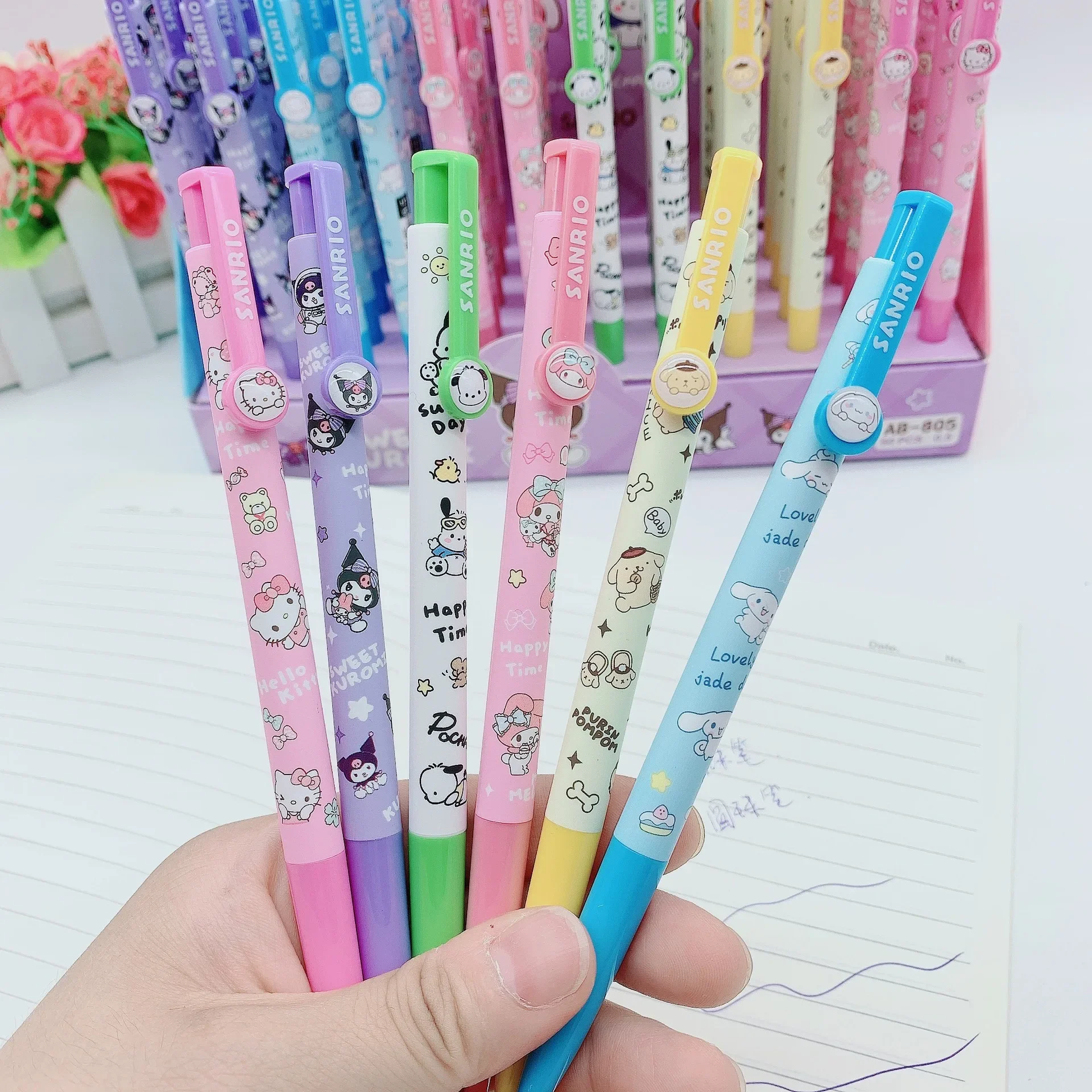 6Pcs Sanrio Kawaii mymelody Kuromi Cinnamoroll Pom Pom Purin Rollerball pen Black Ink Cartoon Ballpoint Pen Stationery gift