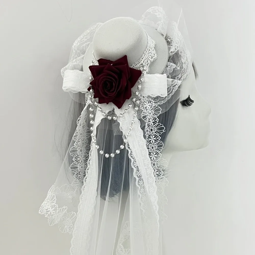 

Lace Gothic Lace Veil Chain Detail Rose Decoration Mini Top Chiffon Rose Hat Elegant Style Victorian Retro Small Top Hat