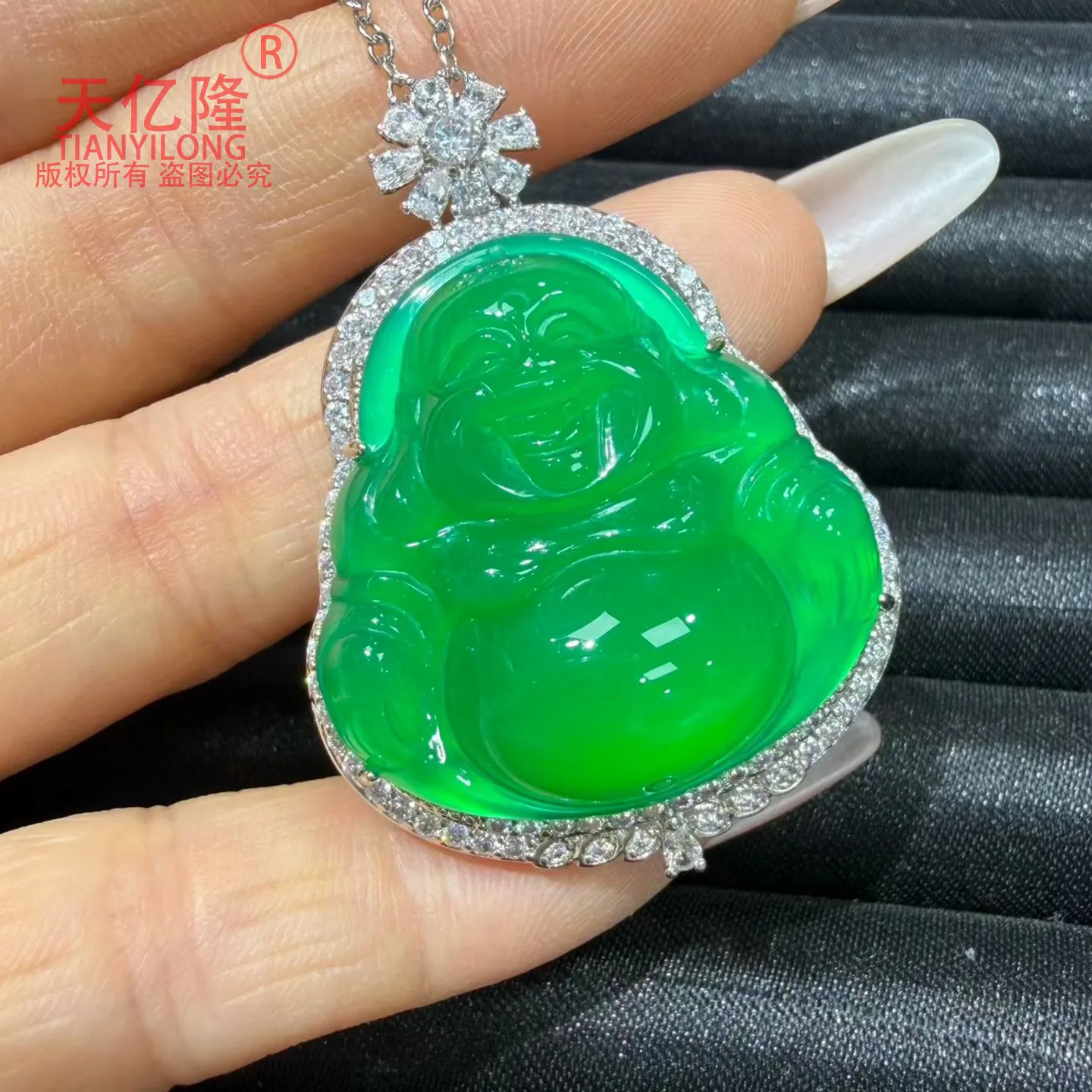 Natural Agate Jade Buddha Pendant for Women Ice Green Laughing Buddha Silver Carnelian Necklace
