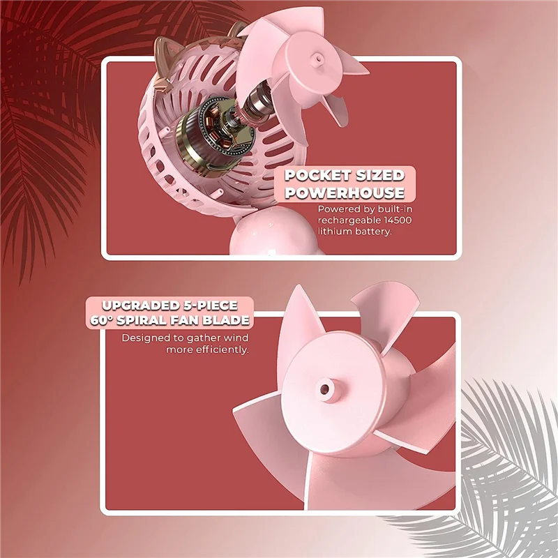 【COMELY】Portable Hand Held Fan with Cat Ears - Mini Fan with USB Rechargeable Battery Foldable Small Fan (Pink)