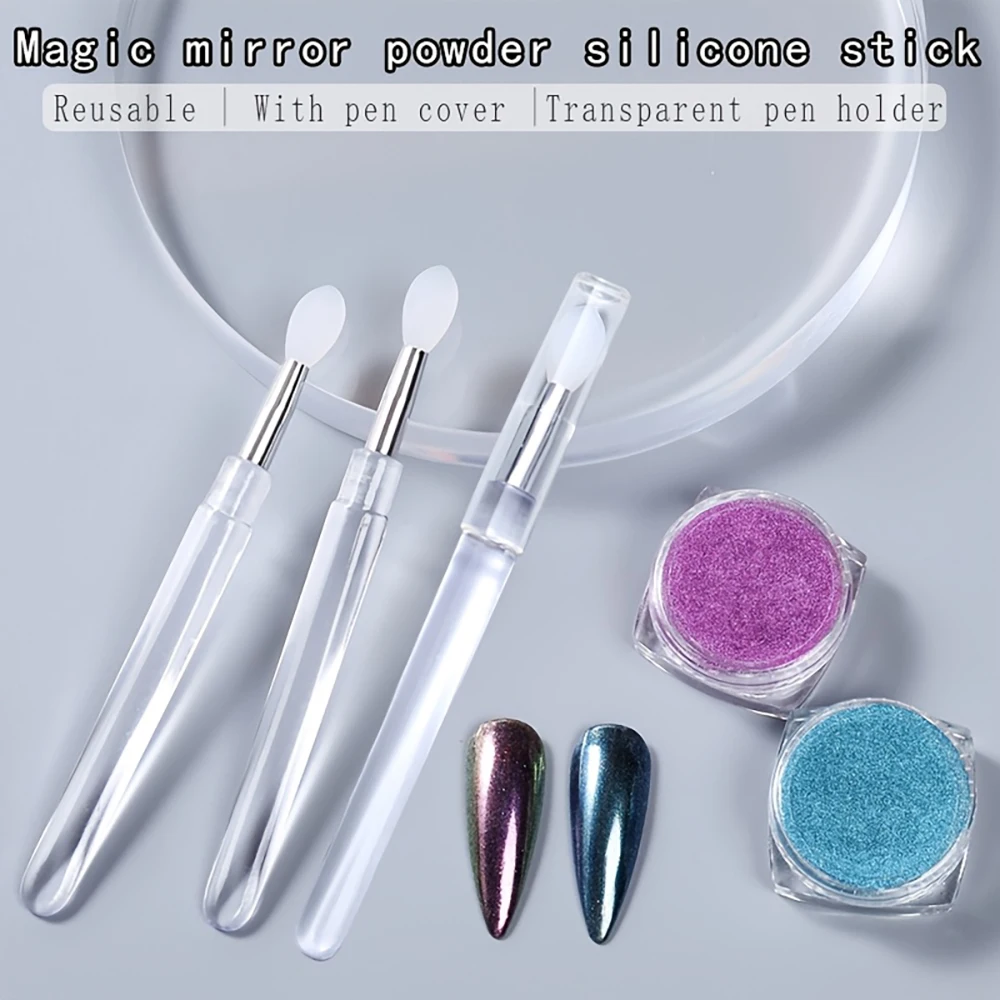 Reusable Chrome Glitter Applying Manicure Tool New Nail Arts Silicone Applicator Sticks Easy-Daub Pigment Silicone Nail Brush