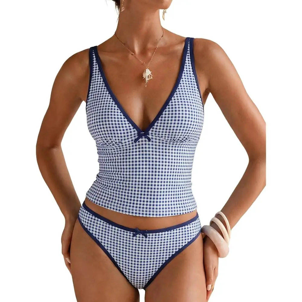 

Женский купальник-танкини с V-образным вырезом, двухсекционный, с эффектом утяжки живота, с бантом, в стиле колор-блок