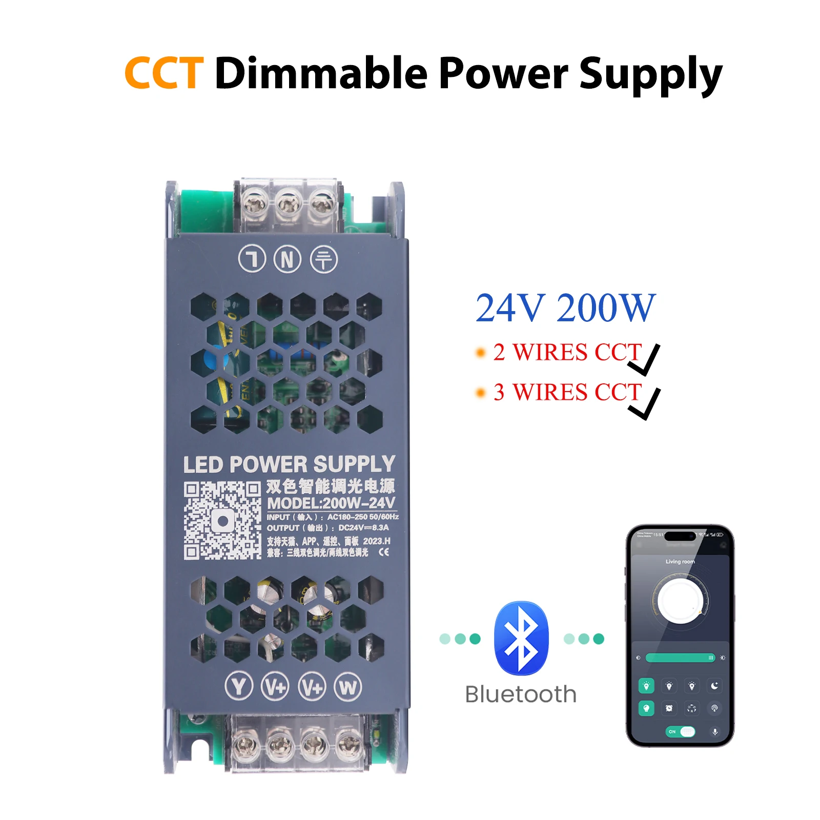 

DC24V Bluetooth CCT LED Dimmable Power Supply 200W Transformer LED Driver APP Control for 2Wire 3Wire CCT COB LED Strip Lights