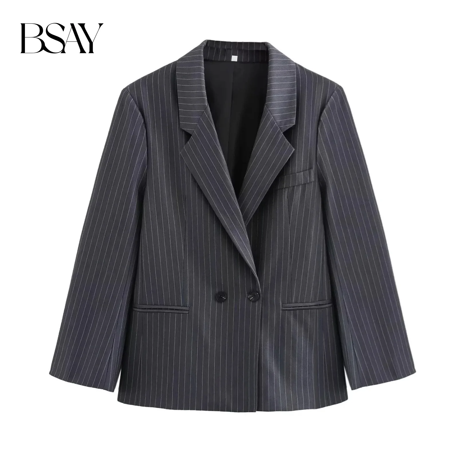 

BSAY Blazers for Women Fashion Autumn Winter Loose Fine Stripes Long Sleeve Double-breasted Suits Jacket Chic Female Suit Coat