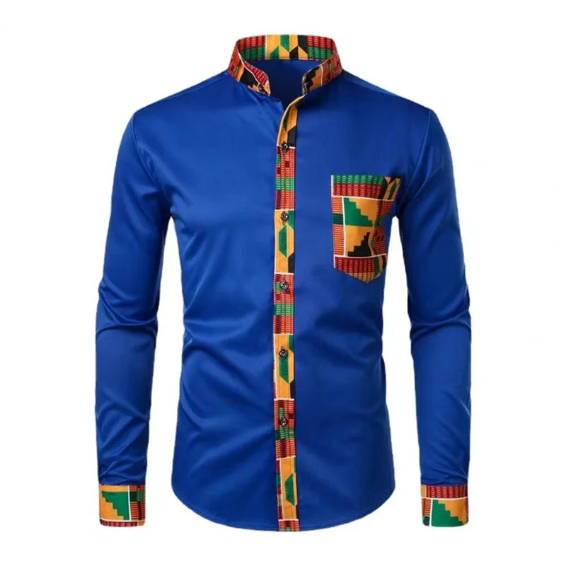 2024 African casual men\'s shirt stand collar digital printing long sleeve floral shirt men\'s cardigan top