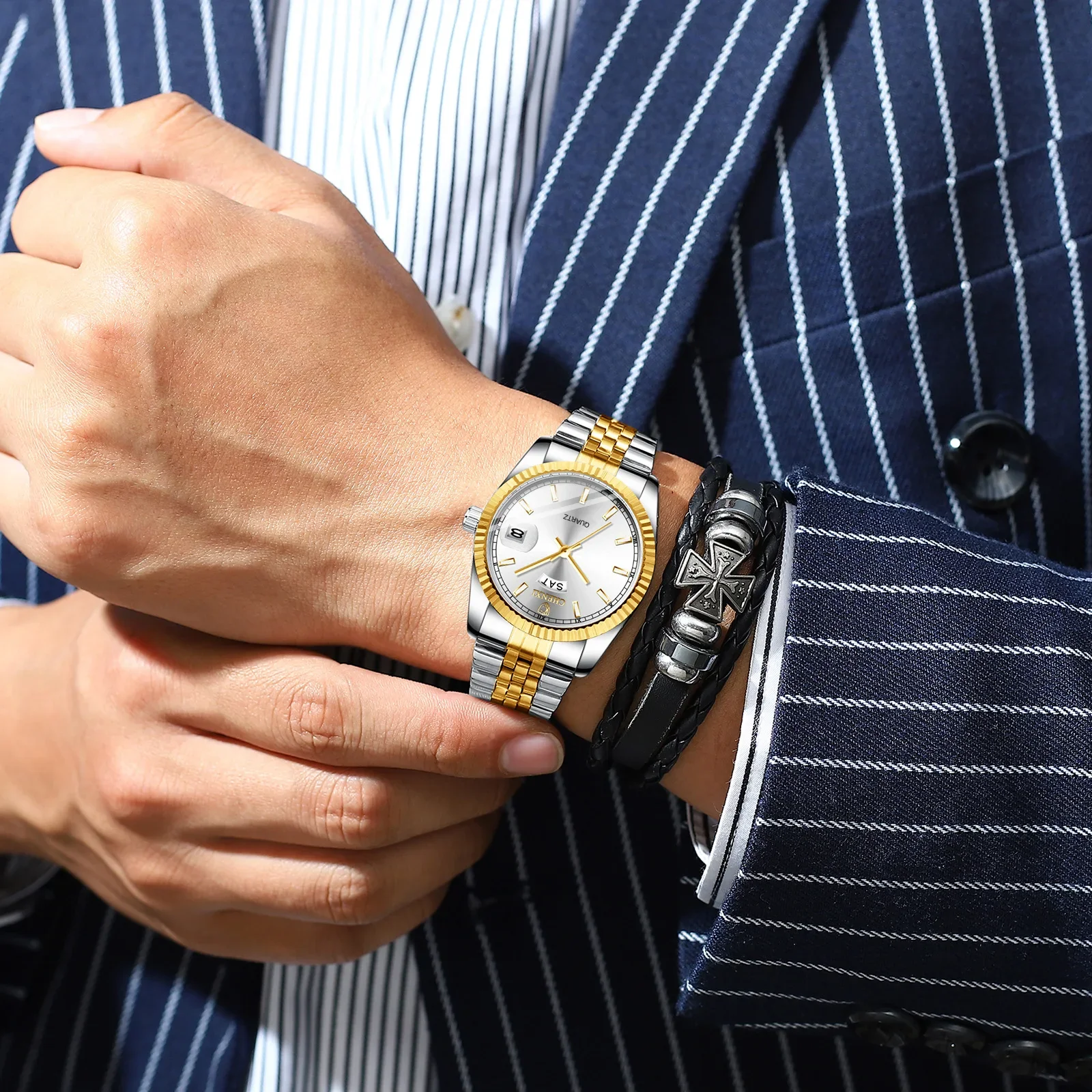 Luxury Gold Watches Men Top Brand Stainless Steel Strap Business Casual Quartz Watches for Men Waterproof Gift Wristwatch image 6