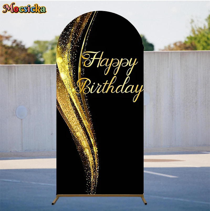 غطاء خلفيات على شكل قوس ذهبي أسود من Mocsicka لتزيين الحفلات على الوجهين، دعائم تصوير لحفلة استقبال المولود الجديد، خلفيات عيد ميلاد سعيد #4