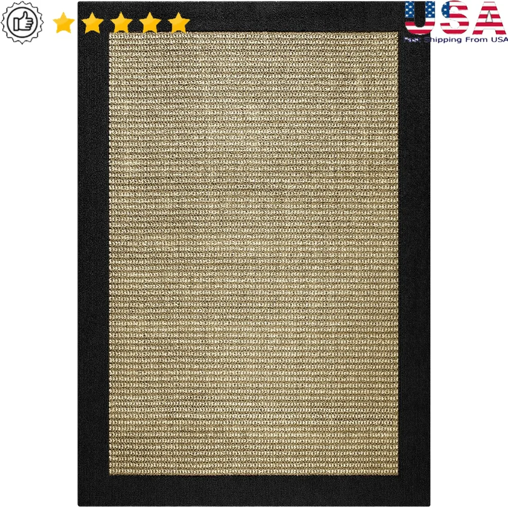 

Traditional Faux Sisal Area Rug 5x7 Black Border Stain Fade Resistant Non-Slip Indoor Home Living Room Bedroom Kitchen