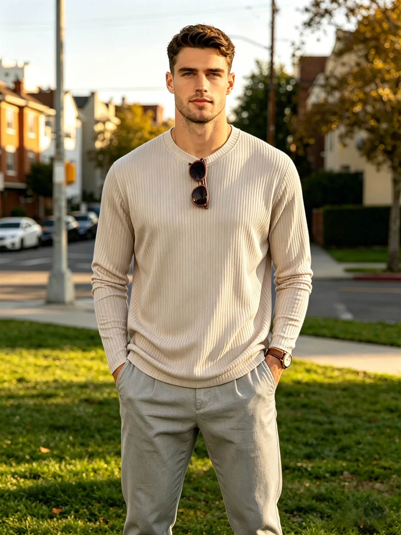 Modisches, texturiertes, vertikal geripptes Herren-Langarmshirt mit Rundhalsausschnitt, elastisches Stretch-Strickoberteil, atmungsaktives Basic-Shirt für den Streetwear-Look – Detail 3