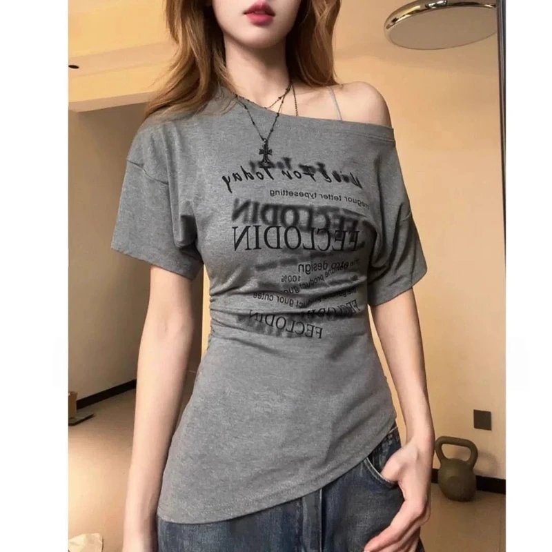 

Irregular Off Shoulder Bandage Casual T Shirts Women Clothing New Summer Short Sleeve Printing Sexy Tops Fashion Vintage Korean