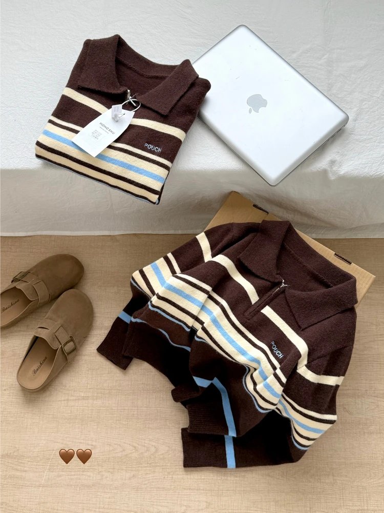 

Корейский цветной полосатый вязаный свитер на молнии, женский свободный крой, утягивающий вязаный топ, осень-зима, Новое поступление