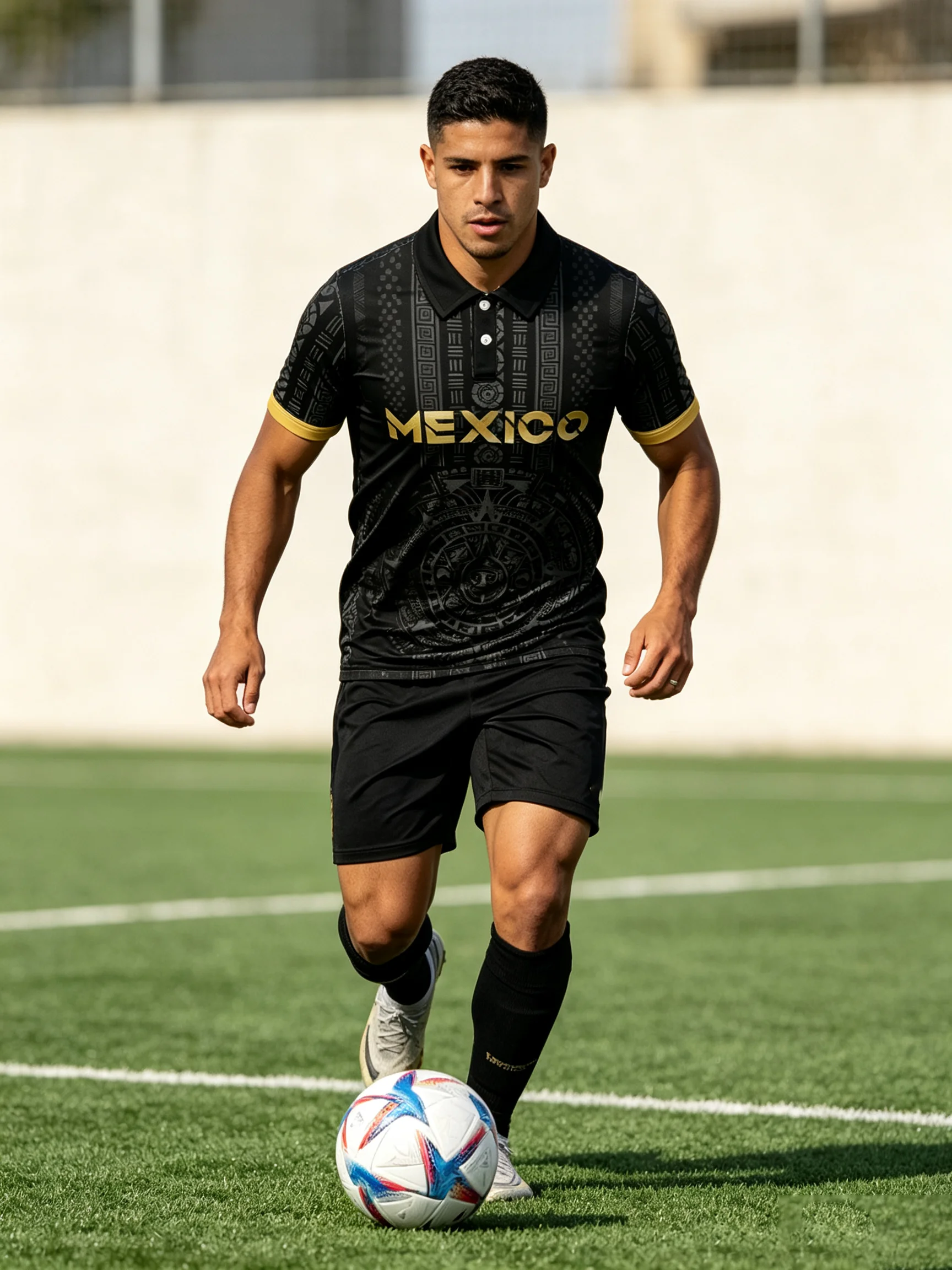 Black short‑sleeve polo top trimmed by golden cuffs, featuring classic Aztec calendar pattern