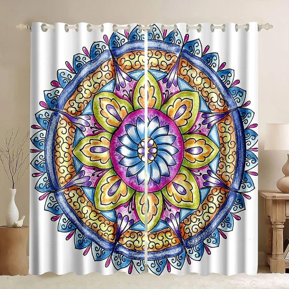 Mandala Window Blackout Curtains,Curving Soft Lines Old Fashioned Mandala Pattern Growth Image,Bohemian Mandala Colorful Pattern