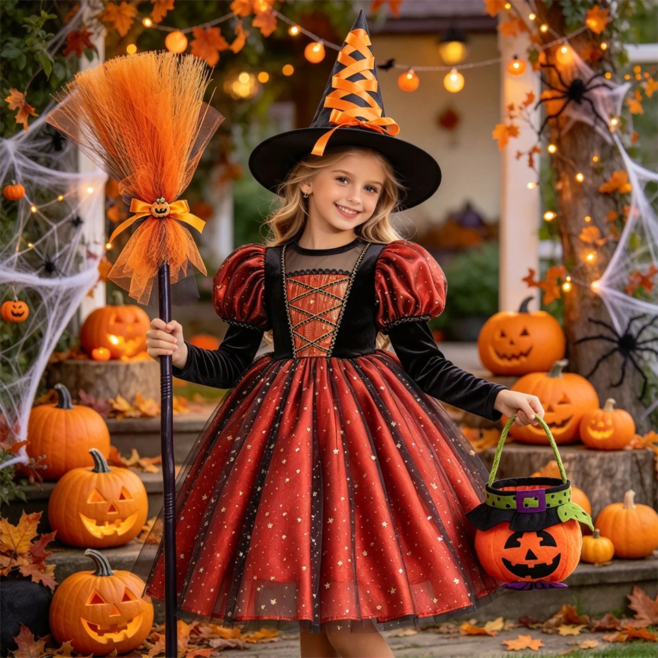 Luxury Children's Velvet Shiny Fluffy Tulle Demon Witch Costume for Girls Halloween Cosplay Ghost Carnival Party Kids Clothes