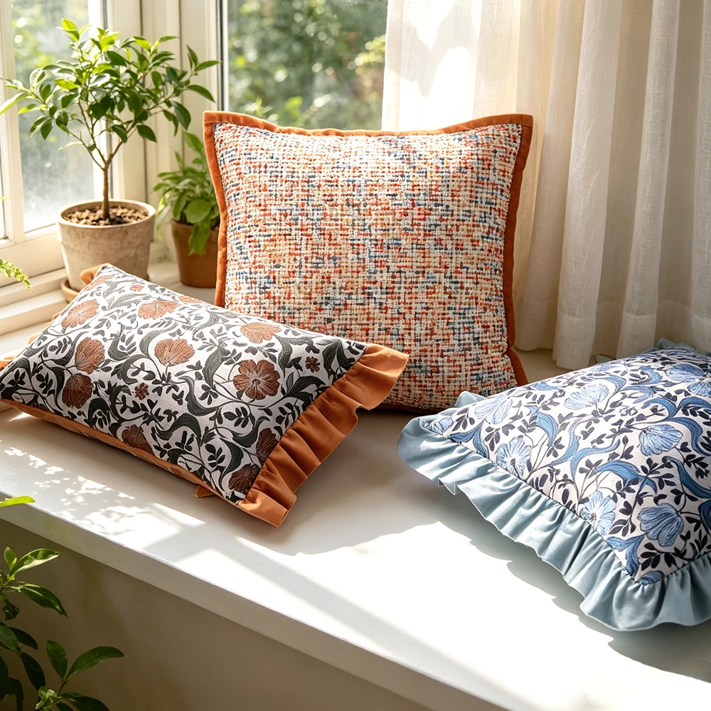 BUYNOW 1 Stück Blumenbedruckter Kissenbezug mit Rüschenrand, weiche Heimdekoration für Sofa, Schlafzimmer, Wohnzimmer, Kissenbezug