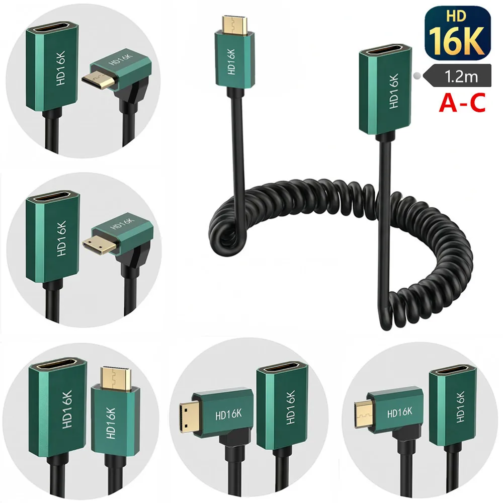 16K Mini HDMI Coiled Spring Cable 1.2m HDMI Male/Female to Mini HDMI Male Gold Plated for Camera Capture Card 1.2m