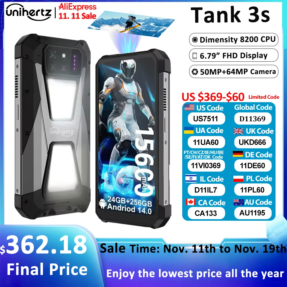Unihertz tank 3s 8849 powered smartphone with projector 24/32GB 256/512GB Dimension 8200 cellphone 15600mAh 66W phone
