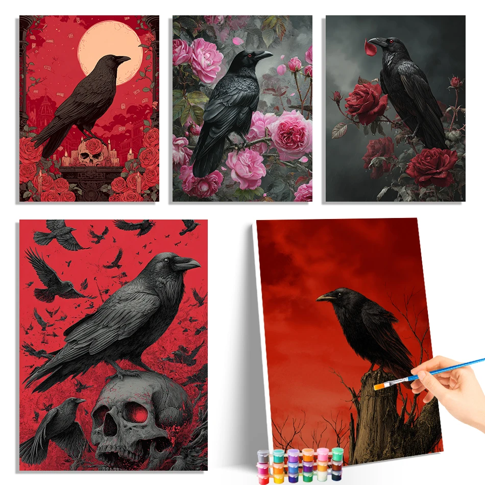 

GATYZTORY Paint By Numbers Crow Halloween Watercolor Oil Art Adult Coloring Drawing Brushes Handmade Diy Set Color Markers gift