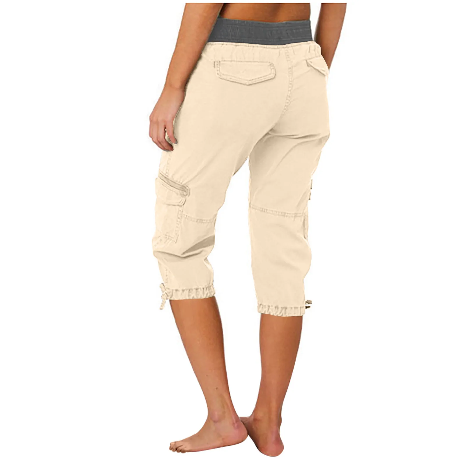 2026 Women's Summer Casual High Waist Drawstring Pocket Workwear Pants Solid Loose Wide Leg Extendable Cuffs 7-inch Pants Female