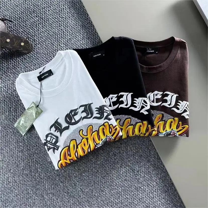 Alex Plein Skulls Rhinestones Men\'s Fashion Clothing Couple Streetwear 2023 Summer Round Neck Short Sleeve Cotton Casual Tshirt