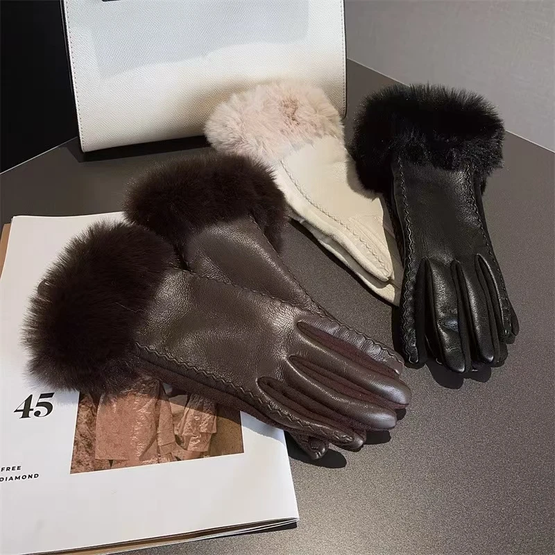 Luxury Women's PU Leather Gloves for Cold Weather Winter Warm Gloves with Soft Faux Fur Trim Cuff Thermal Lining Party Gloves