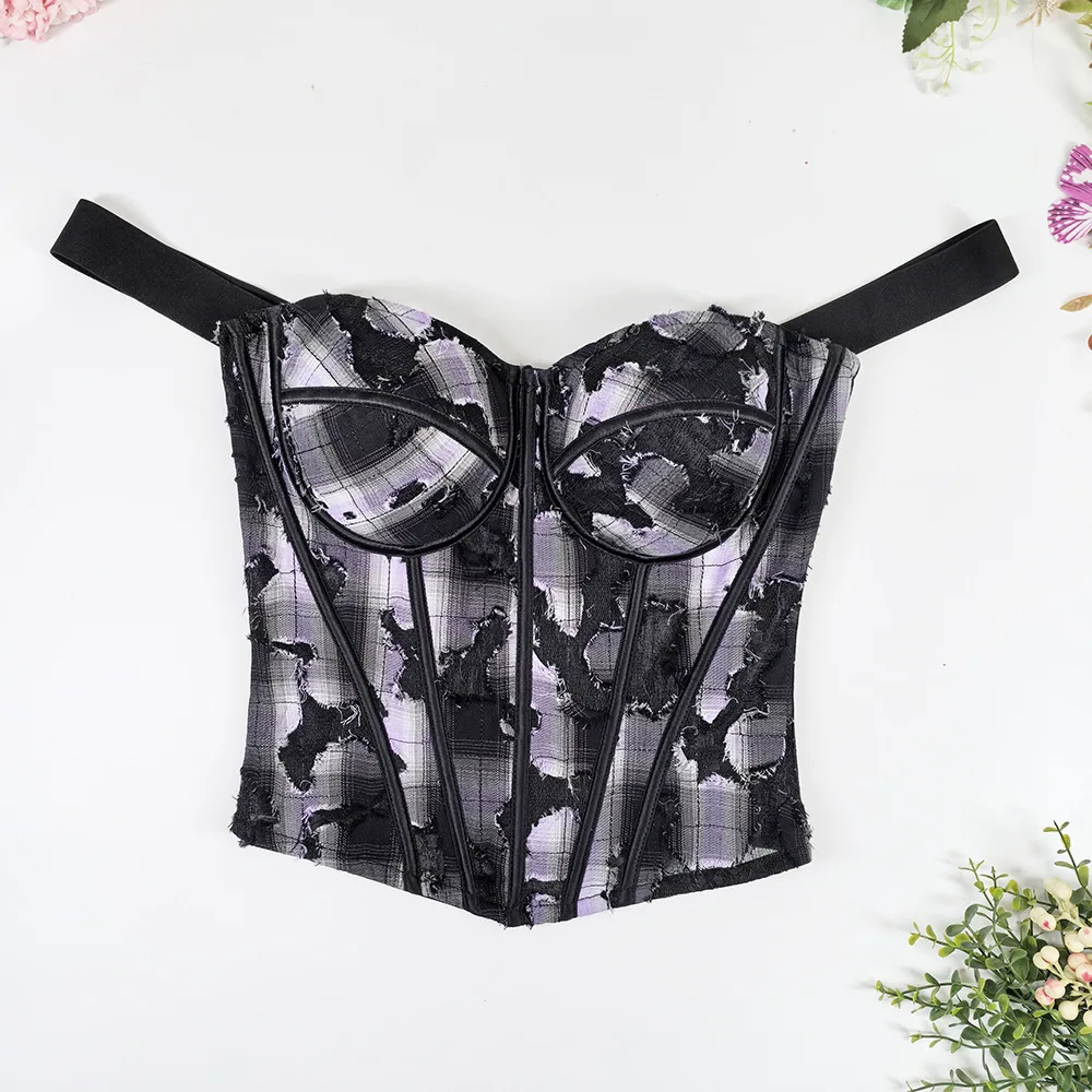 Purple Plaid Ripped Sexy Lace Mesh Shape Top Back Zipper Personality Premium Sense Collection Breast Pinch Waist Fishbone Bust