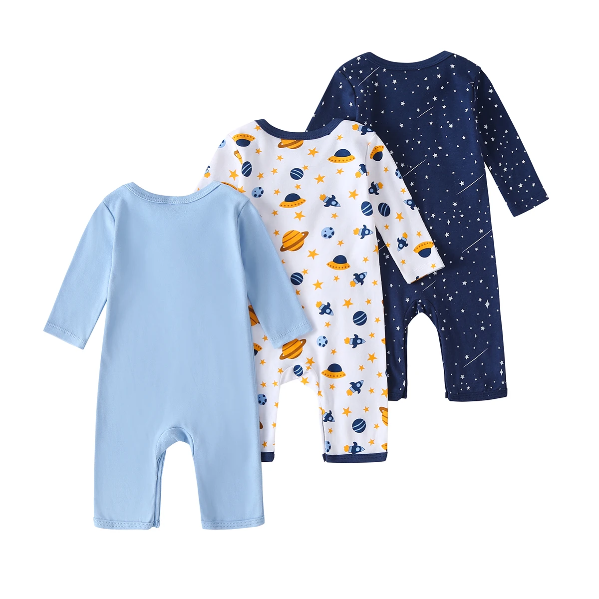 3-Pack Baby Boy Long-Sleeve 100% Cotton Rompers, Crew Neck Casual Infant Onesies, Space Print One-Piece Jumpsuits, Soft Breathable Everyday Wear for 0-18 Months, Newborn Hospital Essentials, Baby Clothes Clearance Sale
