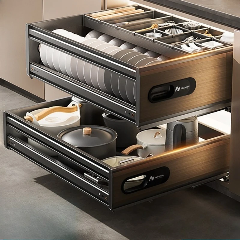 Dishes and baskets Kitchen cabinets Drawer type Double-layer middle drawer Deep drawer drawer Space aluminum alloy bowl rack