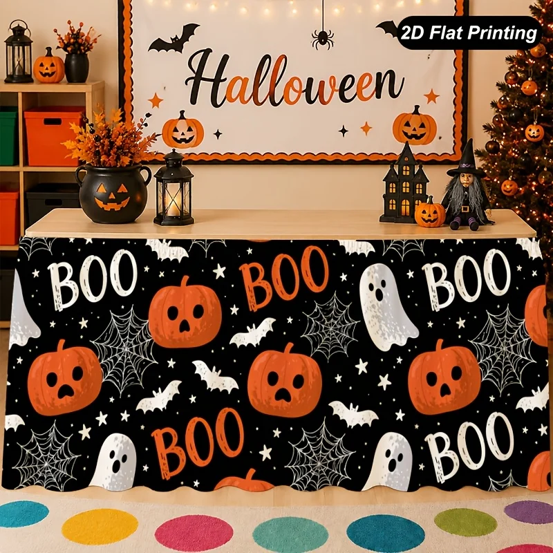 One 2D flat Halloween Boo ghost lamp and pumpkin table skirt. Perfect for Halloween family party decoration.xzj