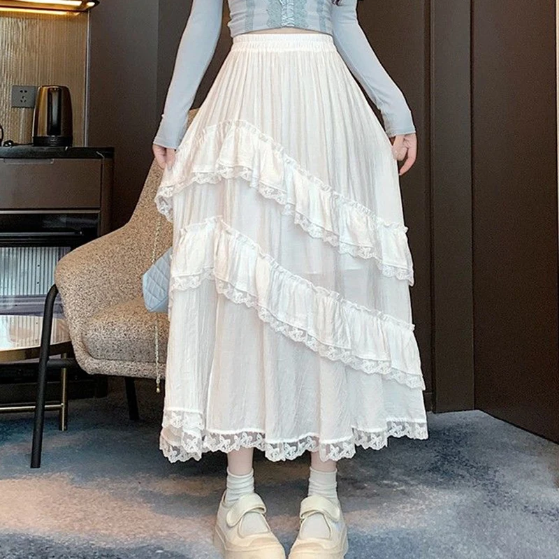 

2024 White Half length Skirt for Women Summer Irregular Lace Cake Looks High Waist A-line Long Skirt