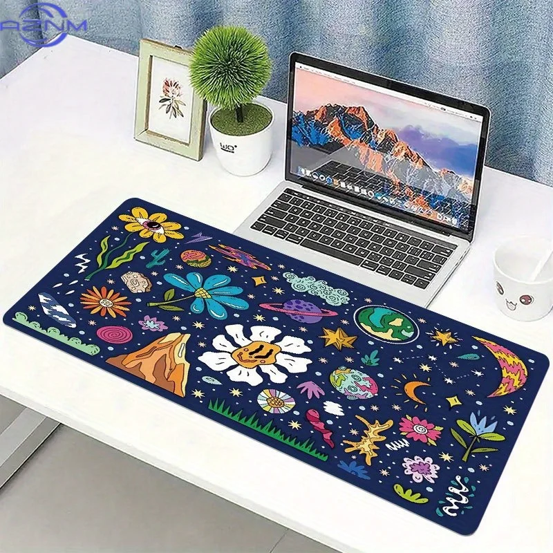 Vibrant Cosmic Floral Mouse Pad  cm - Non-Slip Rubber Desk Mat with Stitched Edges, Colorful Space & Nature Design for Gamers &