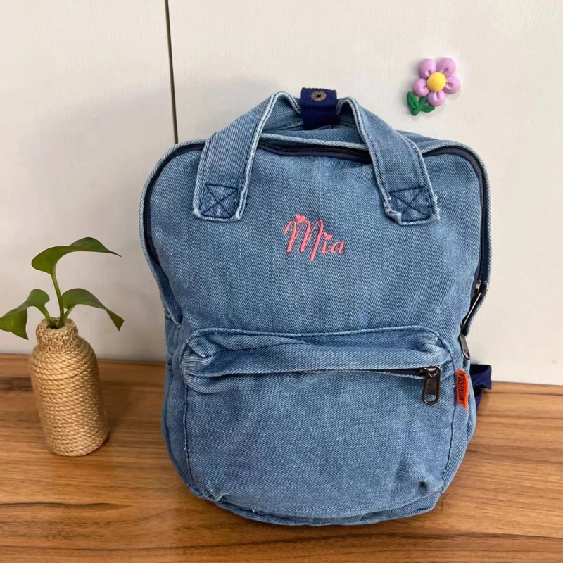 Bolsa Denim Bordada com Nome Bordado, Mochila Estudantil, Bolsa de Arte Simples, Bolsa Escolar Retro, Viagem Mochila Pequena, Azul