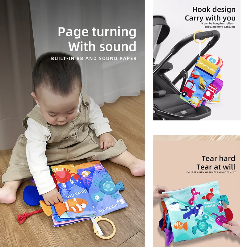Livro de pano de cauda de bebê pai-filho interativo som papel quebra-cabeça pano livro chocalho 0-36m crianças sensoriais aprendizagem precoce brinquedos