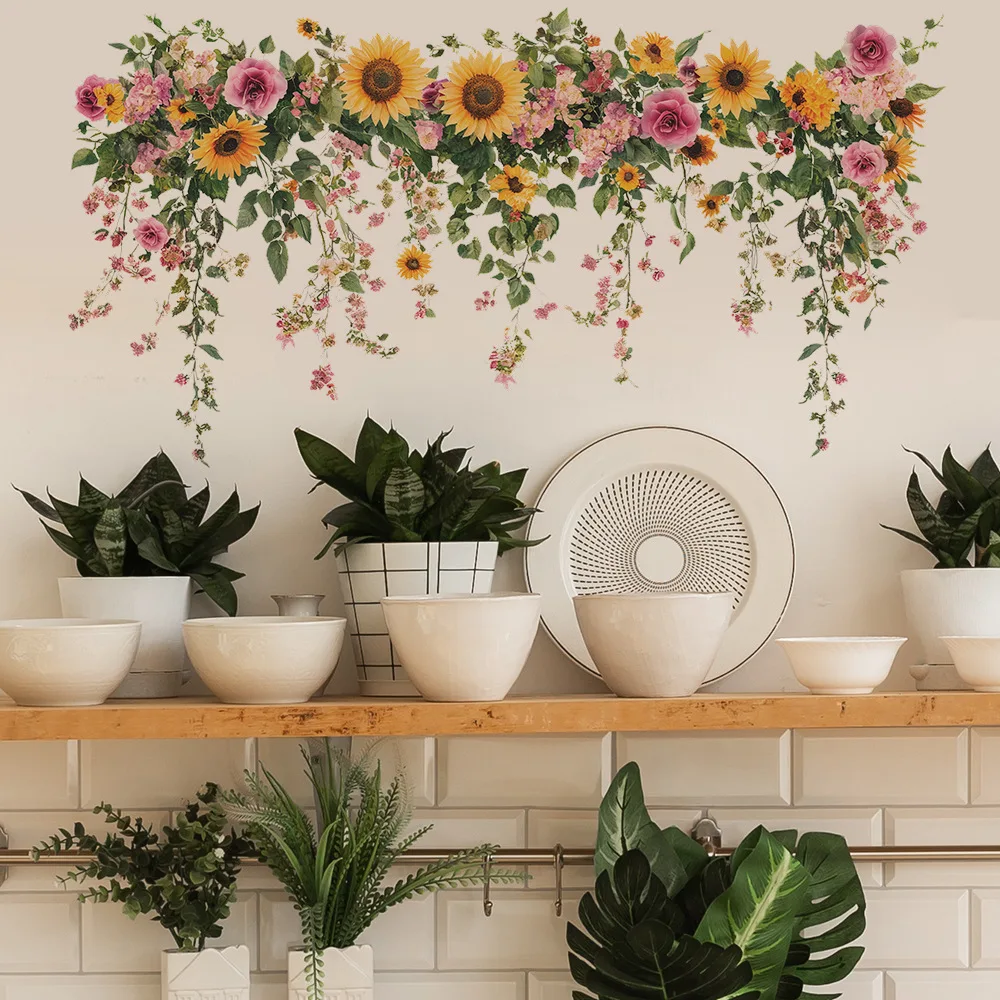 Selbstklebende Wandaufkleber für die Wandverschönerung zu Hause mit bemalten Sonnenblumenblumen und Blättern