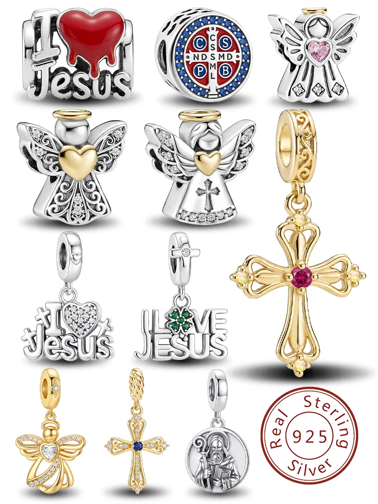 Breloques en argent sterling 925, série Bible, croix de Jésus, adaptées aux bracelets originaux, bijoux fins, cadeau
